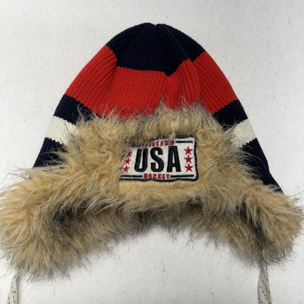 Gongshow Hockey USA Trapper Hat Faux Fur Ear Flap Knit Beanie One Size